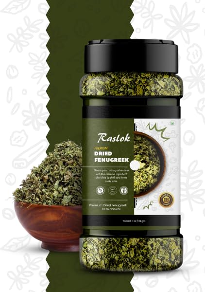 Raslok Dried Fenugreek Spice Leaves Herbs All Natural Kasoori Methi | 1Oz - 28Gm | Popular Seasoning Indian Spices| All Natural