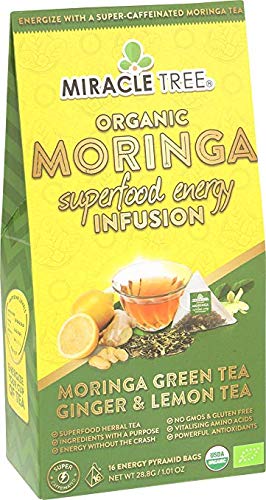 Tree Moringa Energy Tea - Green Tea with Ginger & Lemon, Organic Certified, 16 Pyramid Sachets