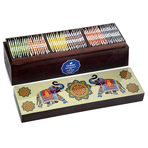 Octavius Elephant Wooden Tea Gift Box - 60 Tea Bags | Assortment Of Fine Black & Green Tea | Top-Grade Wooden Gift Box | Rakhi Gift Hamper | Gift For Sister | Gift For Brother | Top-Grade Gift Box | Assorted Tea Gift Box