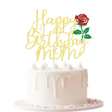 Keoysek Happy Birthday Mom Cake Topper Gold Glitter Mother's Birthday Cake Decoration Supply - Birthday Party Decor for Mom - Mo