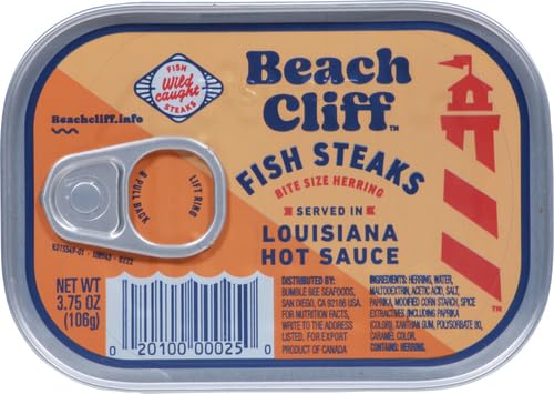 Beach Cliff Wild Caught Herring Fish Steaks in Louisiana Hot Sauce, 3.75 oz Can - 15g Protein per Serving (Pack of 5)