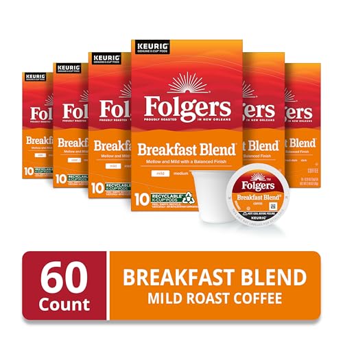 Folgers Breakfast Blend Coffee  Mild Roast  Keurig K-Cup Pods  10 Count (Pack of 6)