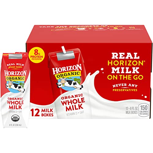 Horizon Organic Shelf Stable Whole Milk Boxes, 8 fl oz, 12 Count - 8g Protein per Serving, USDA Organic UHT from Pasture-Raised