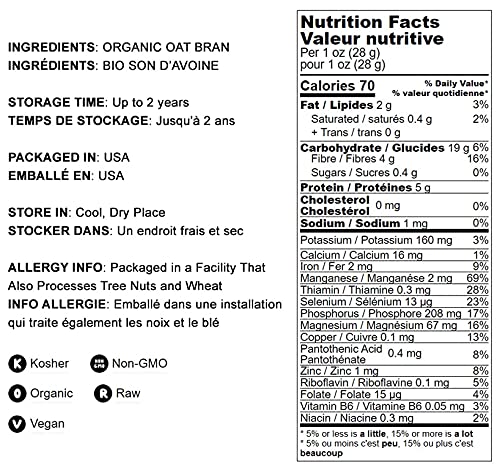 Food to Live Organic Oat Bran, 1 Pound Non-GMO, Kosher, Vegan, Bulk, High Fiber Hot Cereal, Milled from High Protein Oats