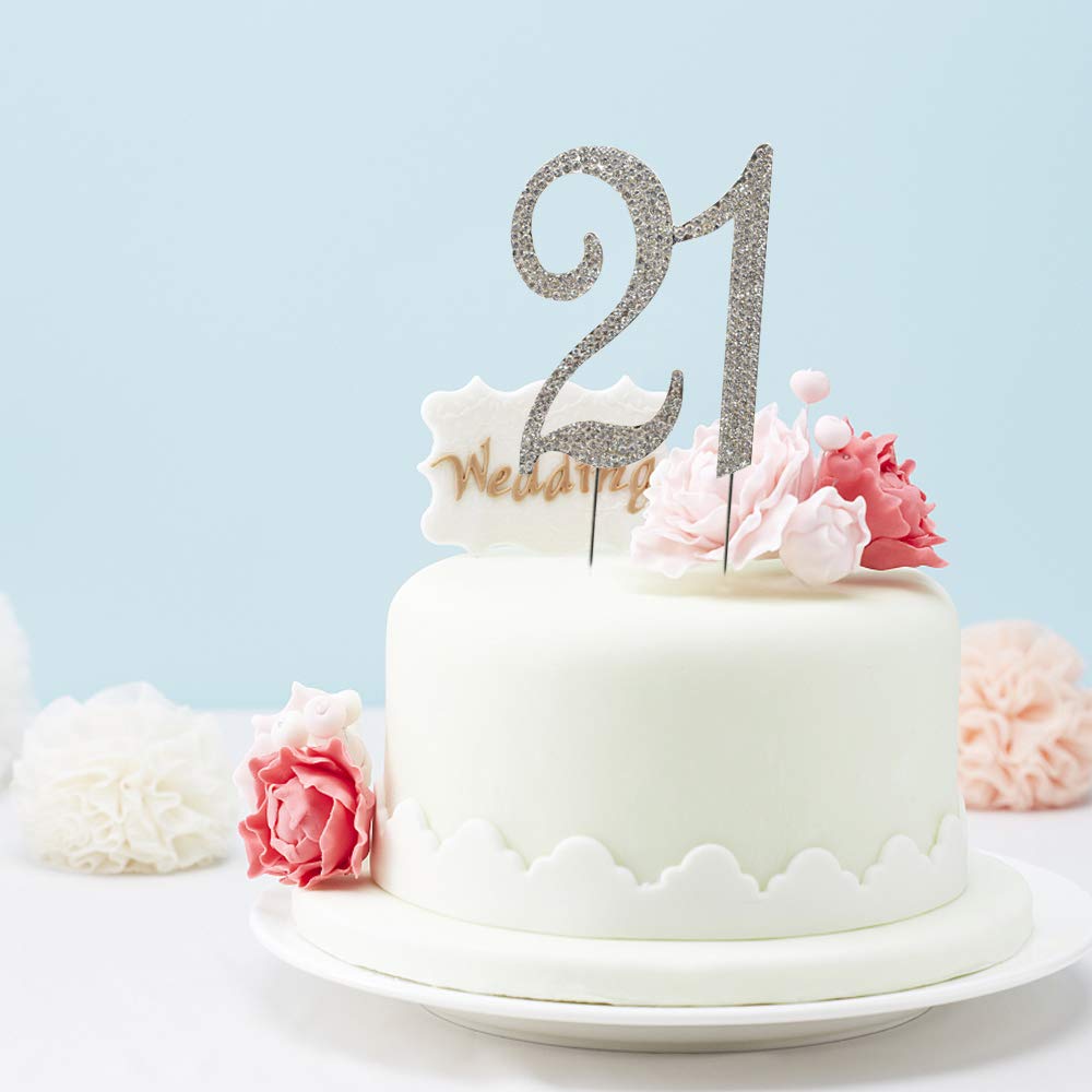 HOKPA 21st Rhinestones Cake Topper, Silver Crystal Decoration for Birthday, Anniversary, Model HZ-112