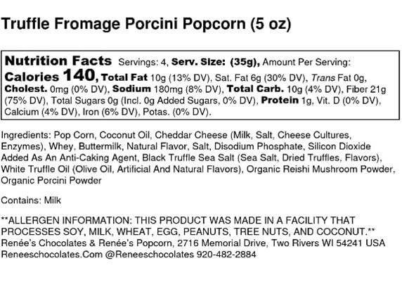 Ren  Es Truffle Fromage Porcini Gourmet Popcorn -Wisconsin White Cheddar Popcorn, Truffle Oil, Truffle Salt, Wild And Porcini Mu