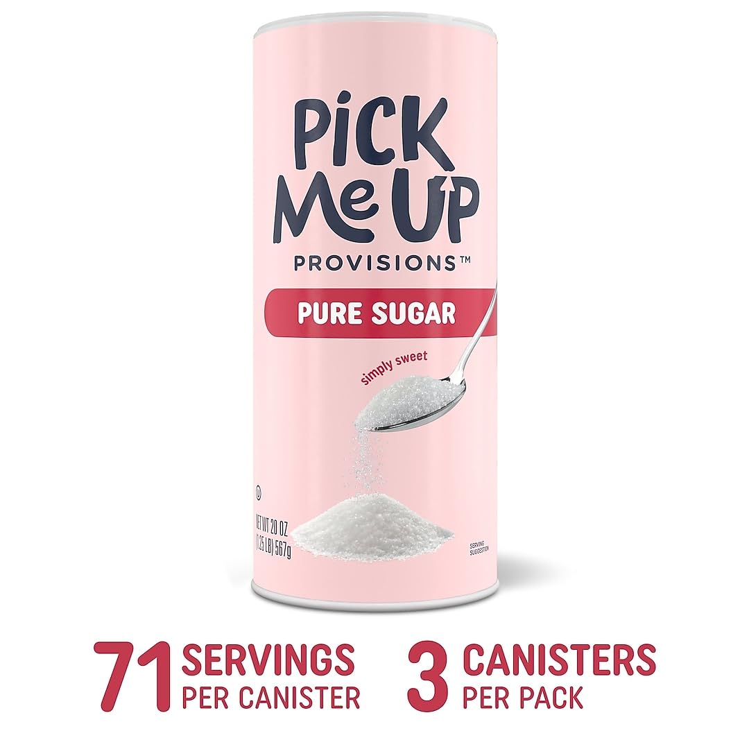 Staples Pick Me Up Provisions 100% Pure Cane Sugar, Easy Pour Sweetener, 20 Oz Canister, 3-Pack, Granulated White