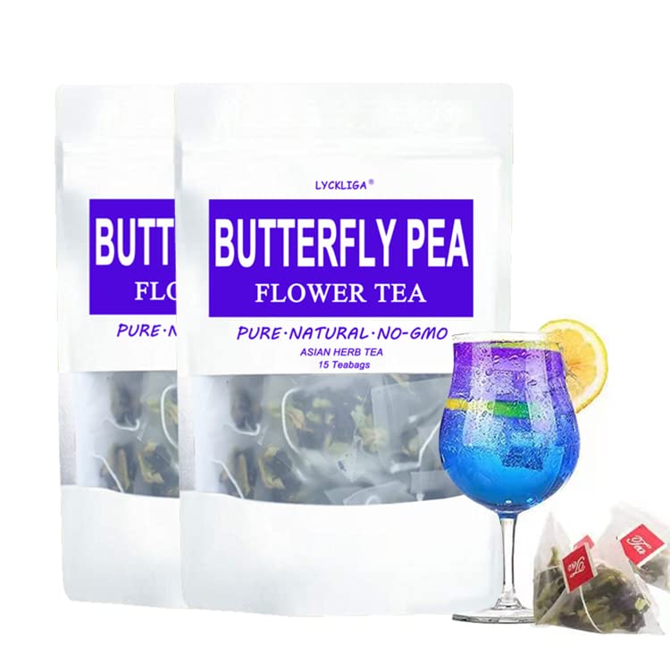 LYCKLIGA Butterfly Pea Flower Tea - 15 Pyramid Tea Bags, Antioxidant Blue Tea, Pack of 2