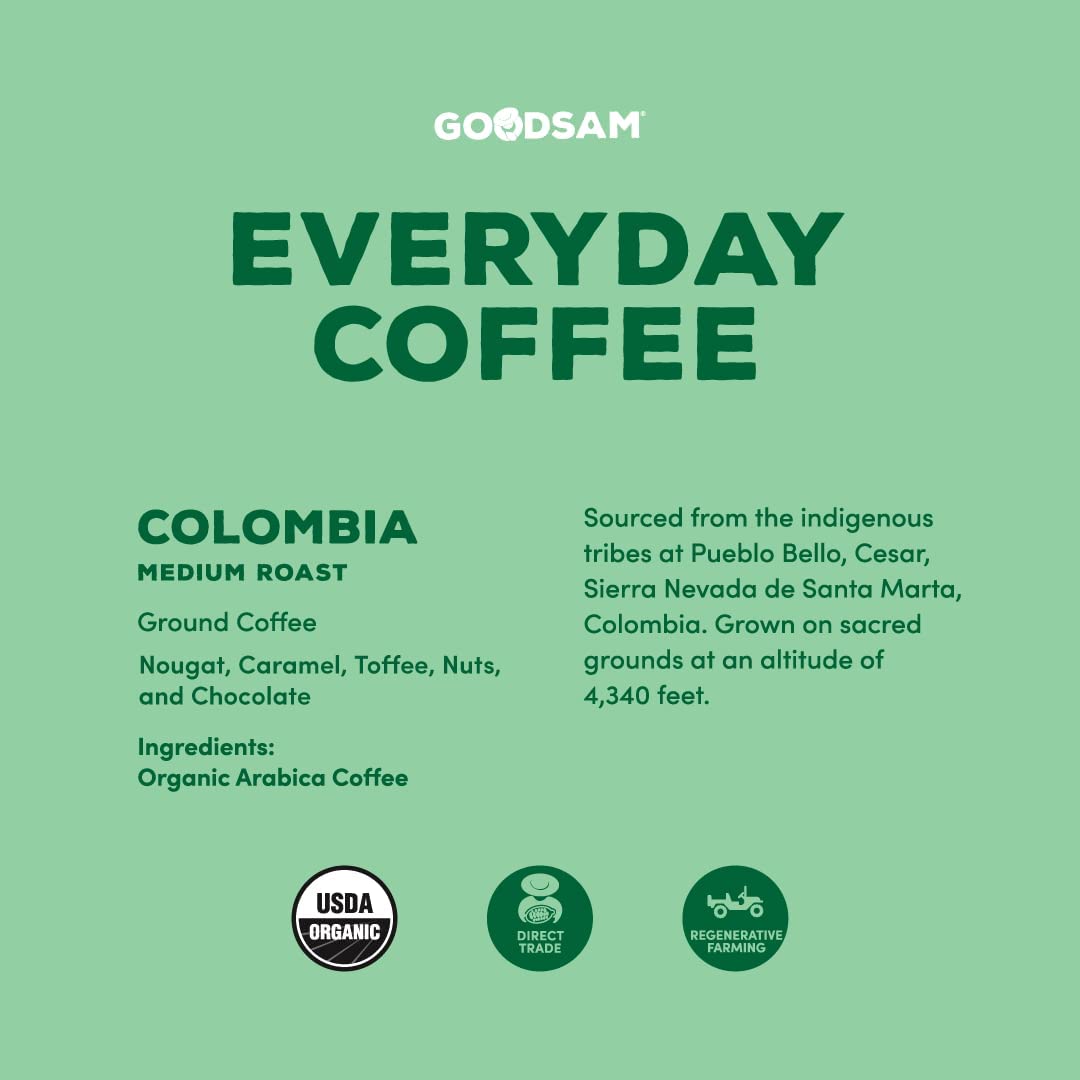 Goodsam Organic Ground Coffee, Medium Roast 2Lb, Colombian Single Origin, Non Gmo Arabica Beans, Vegan, Keto, Regenerative Farming, Direct Trade