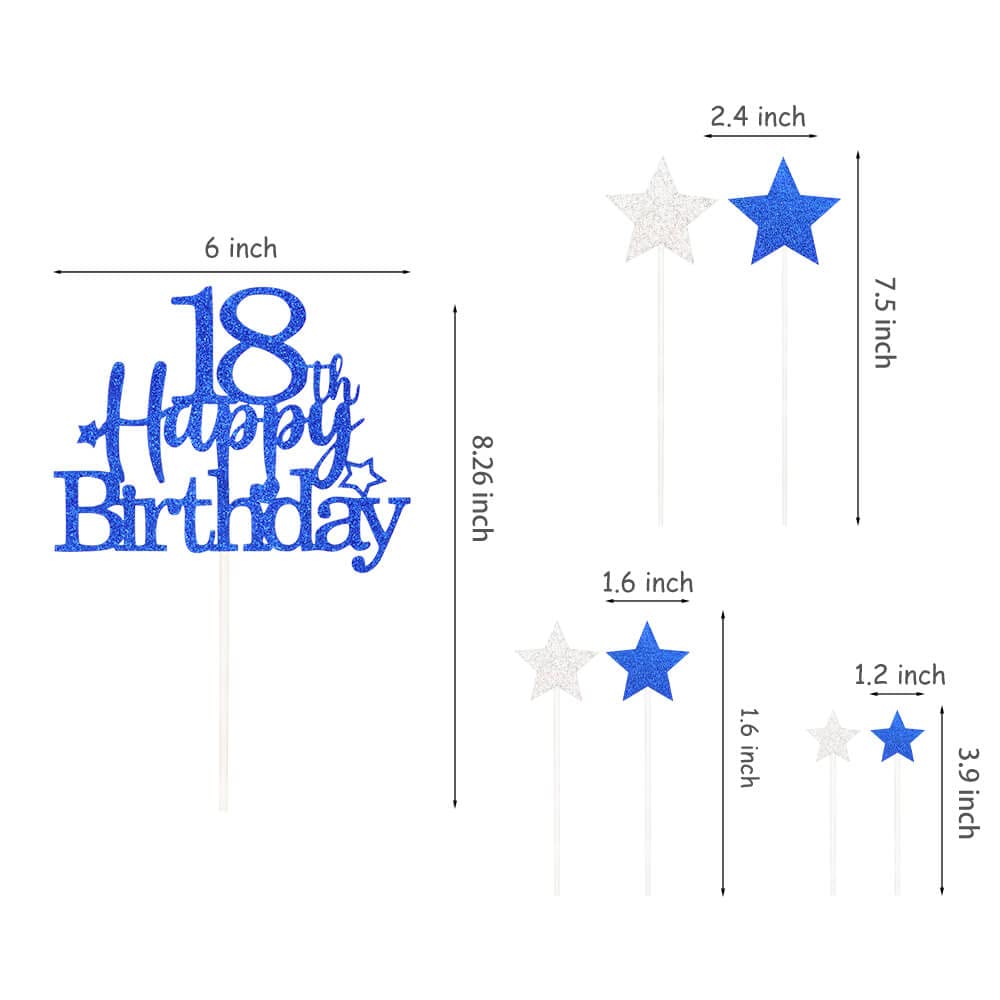 Pargleev Glittery 18th Birthday Cake Topper, Personalised, Star Design, Blue, Model hbcp-lscp18-230926, Paper Material