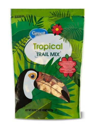 Tropical Trail Mix With Fruit: Dried Banana Chips, Papaya, Raisins, Pineapple, Cranberries, Almonds, Cashews - Great Snack Snack