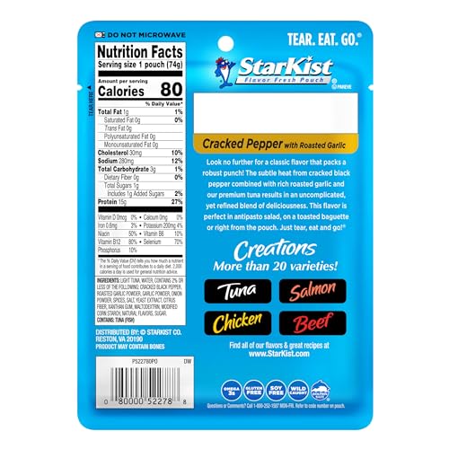 StarKist Tuna Creations ed Pepper with Roasted Garlic 2.6 oz Pouch(24 Pack) Ready to Eat Wild Caught Tuna 15g Protein 80 Calories Per Serving Gluten Free Soy Free Perfect for Salads Meals&Snacks