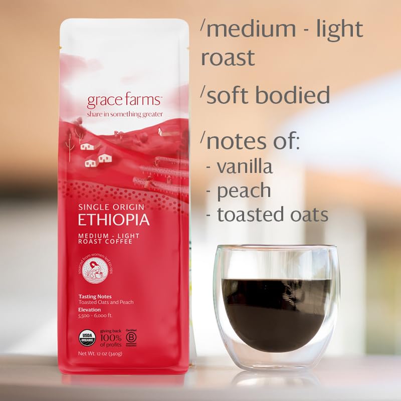 Grace Farms, Organic Whole Bean Coffee, Single Origin Ethiopia Medium-Light Roast, 12Oz Bag, 1 Count | Notes Of Toasted Oats & P