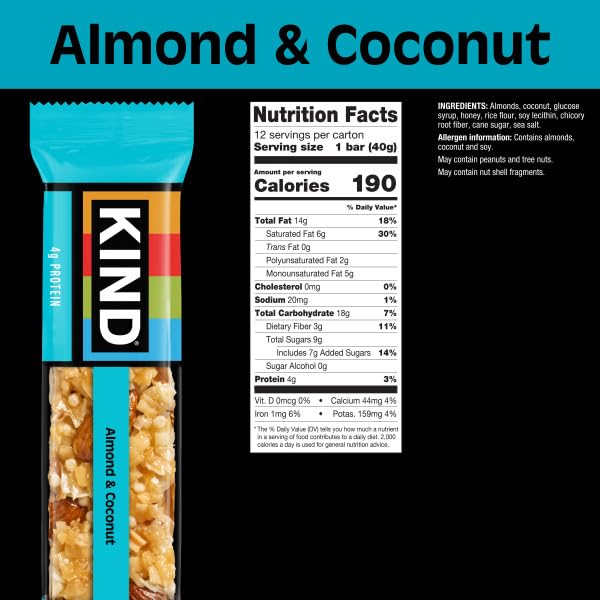 KIND Nut Bars, Almond & Coconut, Gluten Free, Low Sodium, 3g Protein, 12 Count