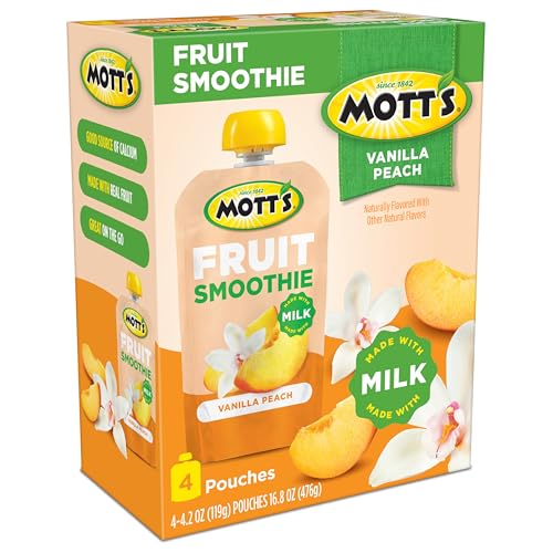 Motts Fruit Smoothies Vanilla Peach, 4.2 oz clear pouches, 24 Count (6 Packs of 4), Made With Milk, Made With Real Fruit, Good S