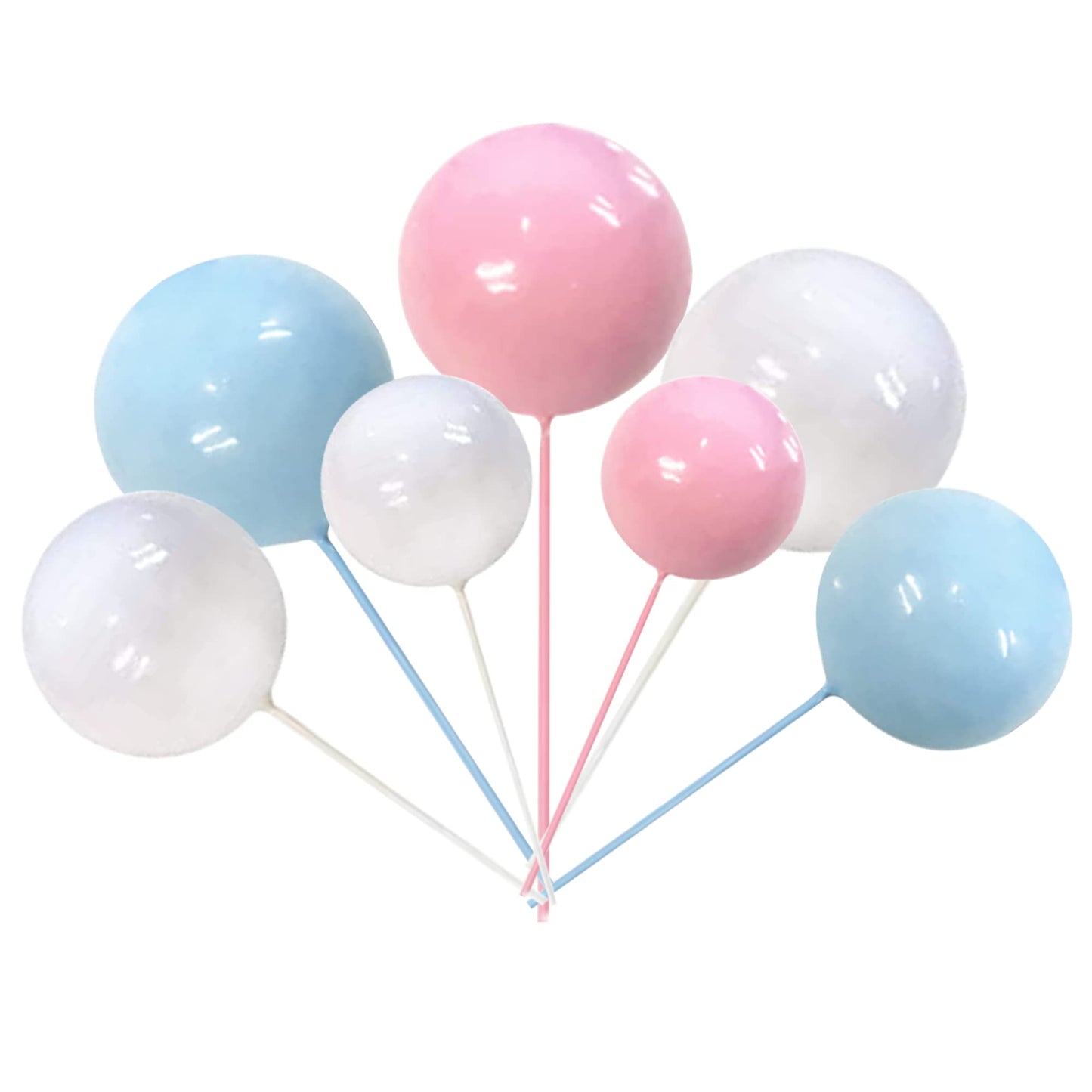 Rssta i Foam Ball Cake Toppers - 30 PCS Mini Balloon Picks, 1.4 to 0.7 Sizes, White Pink Blue for Baby Shower, Wedding, Birthday Decor