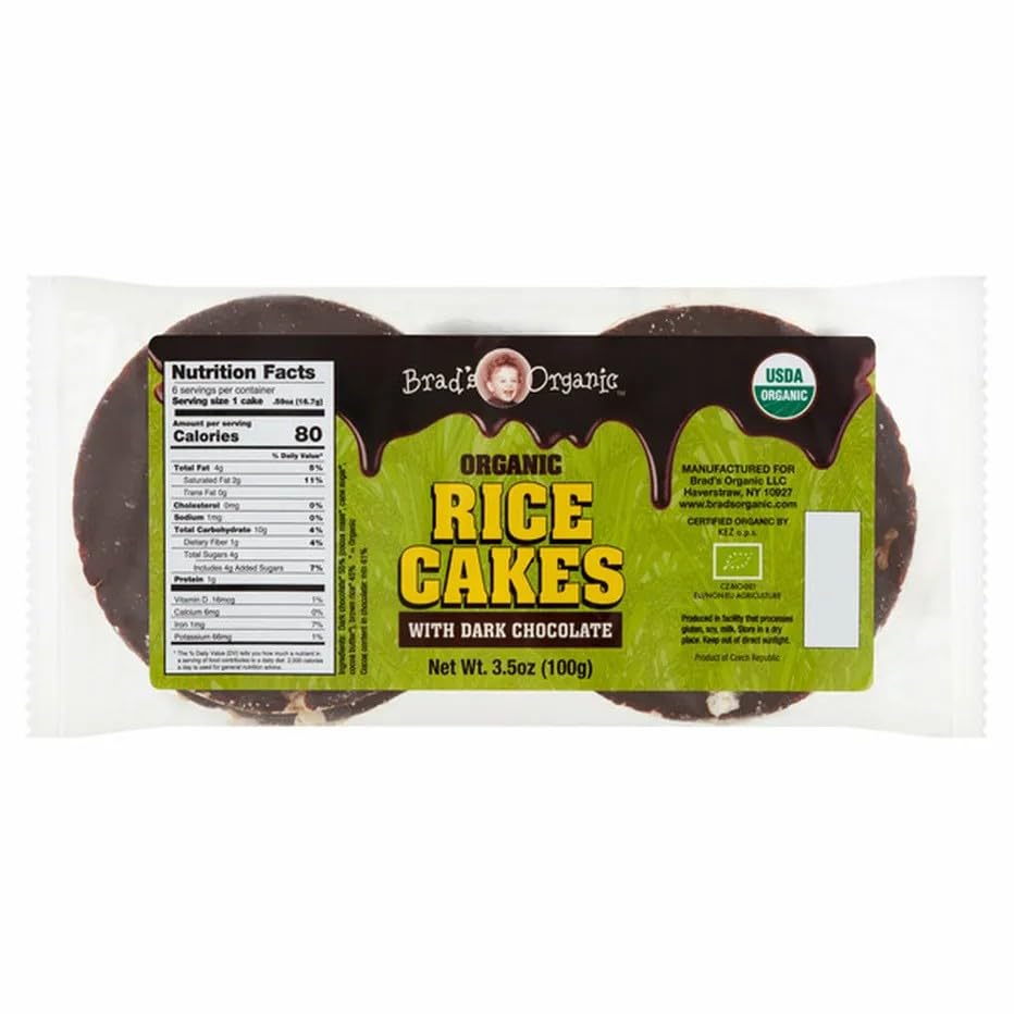 Brads Organic Chocolate Covered Rice Cakes, USDA Organic, Nut Free, Low Sodium, 3.5 oz, Pack of 6, Dark Chocolate