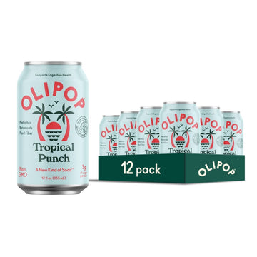 Olipop Prebiotic Soda Pop, Tropical Punch, Prebiotics, Botanicals, Plant Fiber, 12 Fl Oz (12 Cans)