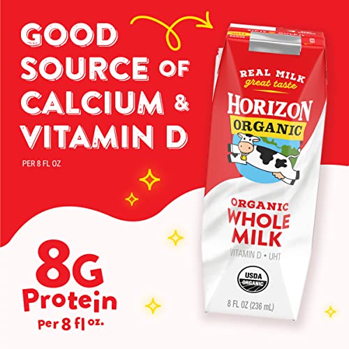 Horizon Organic Shelf Stable Whole Milk Boxes, 8 fl oz, 12 Count - 8g Protein per Serving, USDA Organic UHT from Pasture-Raised