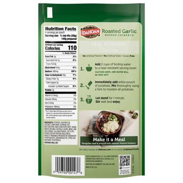 Idahoan Mashed Potatoes, Roasted Garlic, 4-Ounce Package (Pack of 12)