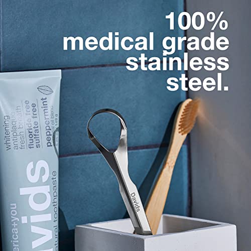 Davids Tongue Scraper For Adults And Kids, 100% Medical Grade Professional Stainless Steel Tongue Scraper, Made In Usa