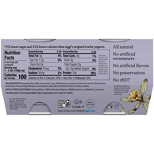 Siggis Icelandic Low Fat Skyr Yogurt Vanilla 2% Milkfat - 4 pk