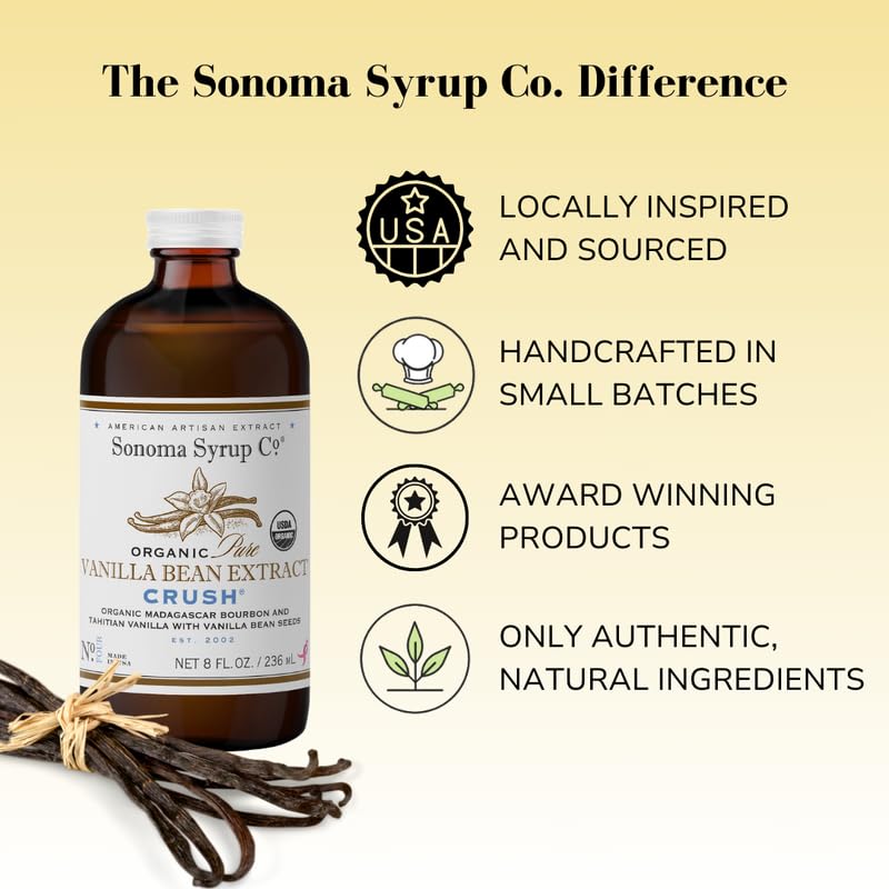 Sonoma Syrup Co Organic Vanilla Bean Extract, 8 Fl Oz, Pure Flavoring for Baking and Cooking