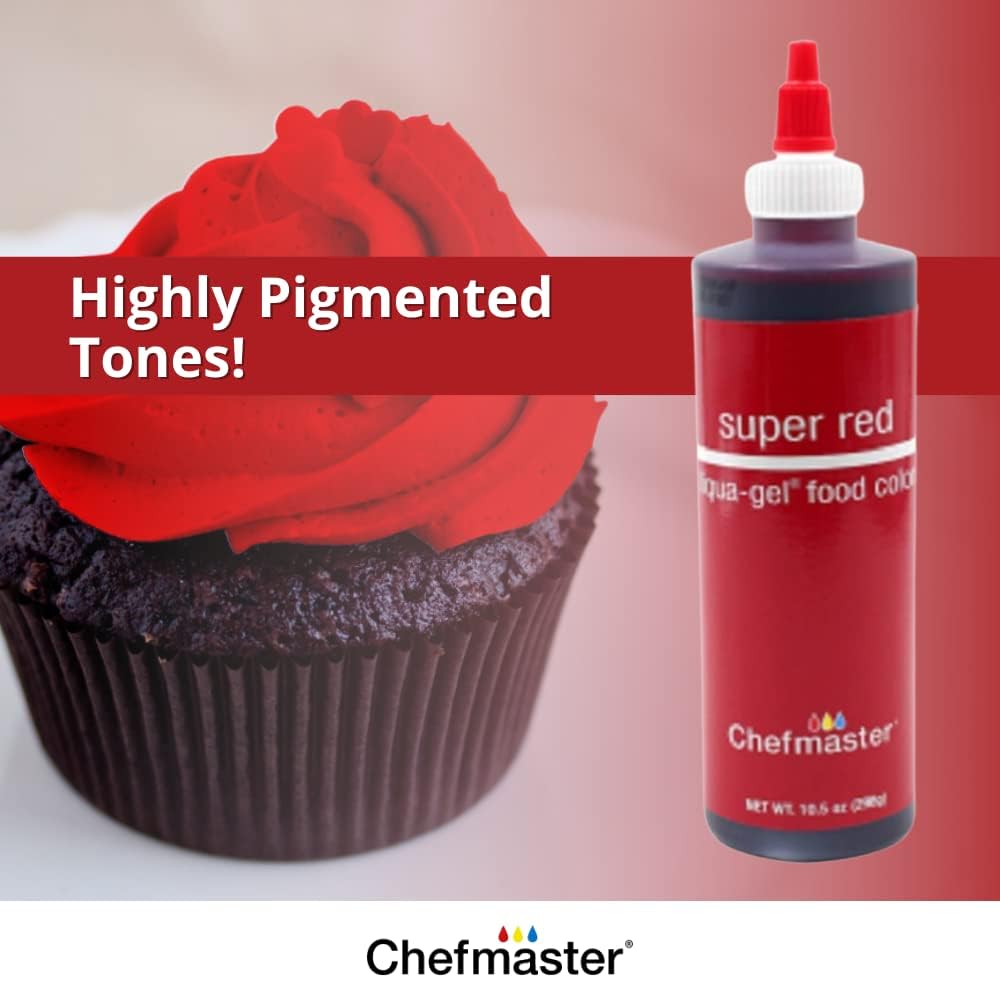 Chefmaster Super Red Liqua-Gel® Food Coloring | Vibrant Color | Professional-Grade Dye For Icing, Frosting, Fondant | Baking & Decorating | Fade-Resistant | Easy-To-Use | Made In Usa | 10.5 Oz