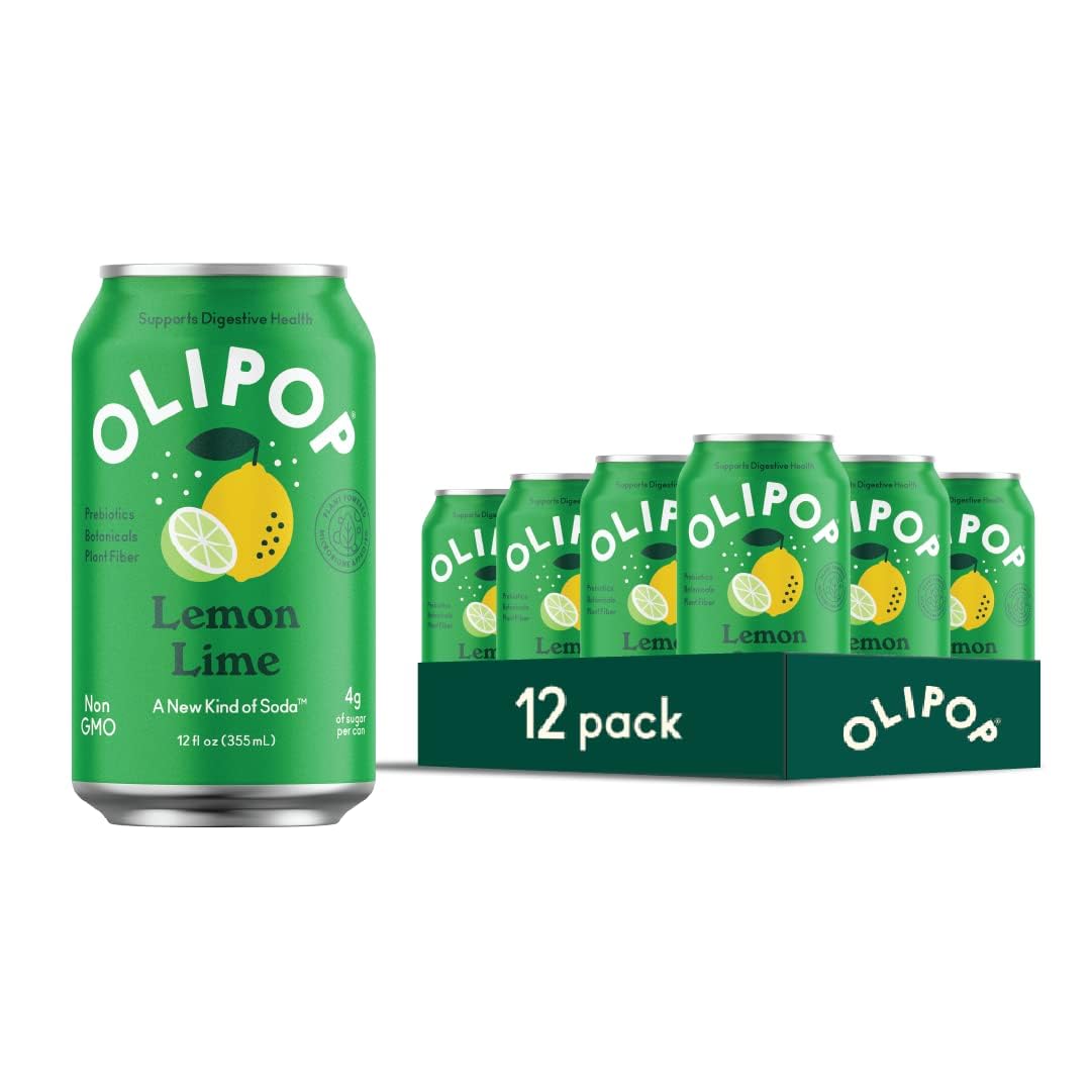 OLIPOP Prebiotic Soda Pop, Lemon Lime, A New Kind of Soda Packed with Prebiotics, Fiber, and Botanicals, Gluten Free, Vegan, GMO