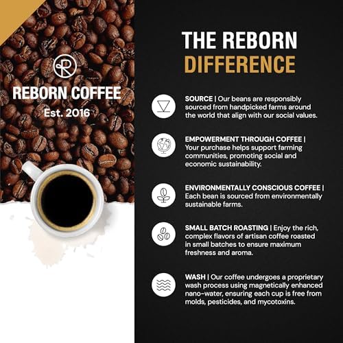 Reborn Coffee Whole Bean Decaf Coffee, Medium Roast, 12 Ounce, Flavor Notes of Berry, Caramel, Peach, and Cinnamon