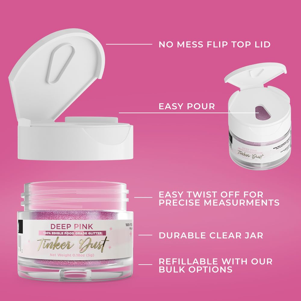 Bakell - Deep Pink Tinker Dust (5G, 1X Jar) Edible Glitter For Food, Desserts, And Beverages!