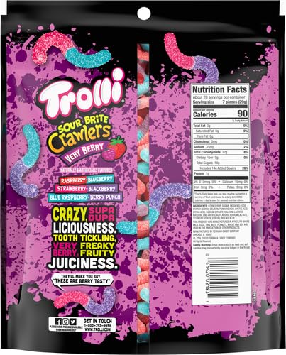 Trolli Sour Brite Crawlers, Very Berry, Sour Gummy Worms, 28.8 Ounce Resealable Bag (Pack of 4)
