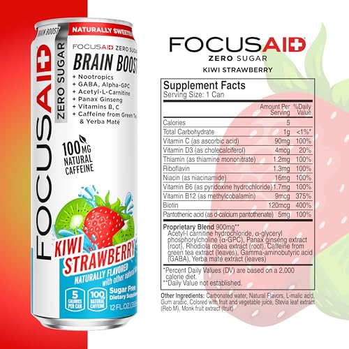 Focusaid Zero Sugar Nootropics Blend, Alpha-Gpc, Gaba, 100Mg Natural Caffeine From Green Tea, Yerba Mate, Vitamin B-Complex, Keto-Friendly, No Artificial Sweeteners, 12 Fl Oz (Pack Of 24)