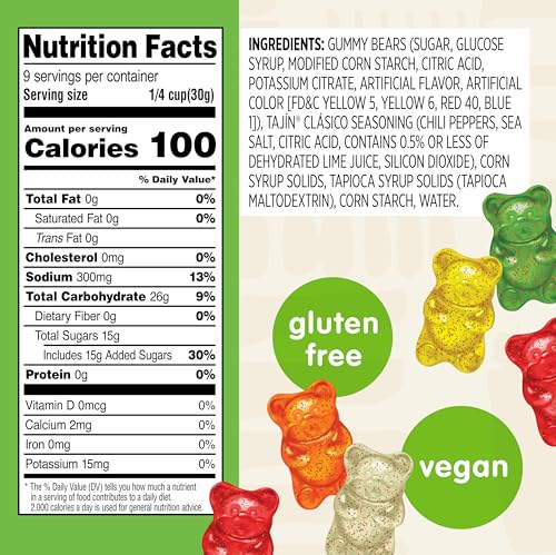 Snak Club Tajin Gummy Bears, Assorted Fruit Candy Gummies with Chili and Lime Seasoning, Mild, Gluten-Free and Vegan Snacks, 9 o