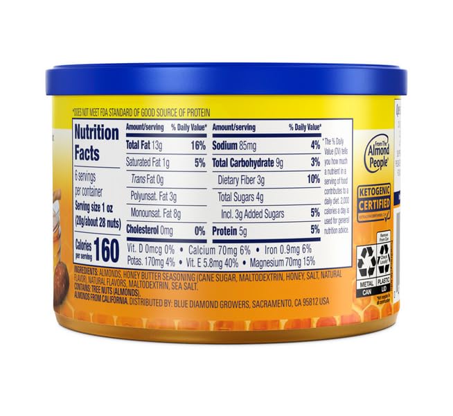 Blue Diamond Almonds Honey Butter Snack Nuts, 6 Ounce Can - Perfect for On-the-Go Snacking