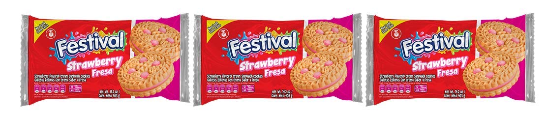 Festival Strawberry Cookies, Cream Strawberry Sandwich Cookies, Natural Dyes & Low Sodium, High Cream Content, 14.6 Oz (Pack Of 3)