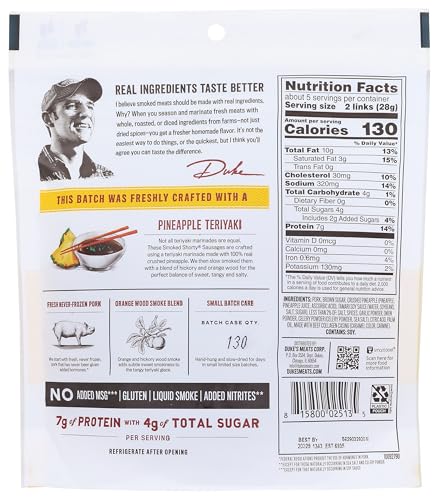 DUKES Pork Teriyaki Smoked Shorty Sausages, 7g Protein, 5 oz, Pack of 1