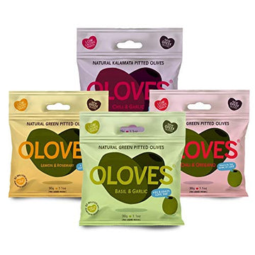 OLOVES Natural Whole Pitted Olives  24 Pack Variety  Basil & garlic, chili & Oregano, Lemon & Rosemary  Vegan, Kosher, gluten Fr