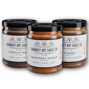 Multi Award-Winning Gourmet Hot Sauce Gift Set Best Sellers 3 Pack By Harmacy Hot Sauce Co. - 9Oz Jars  Vegan  Gluten Free  Nut Free  Dairy Free  Soy Free