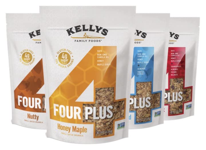 Kellys Four Plus Healthy Granola Cereal, Non-GMO, Low Sugar, Gluten Free, 12oz (Pack of 4)