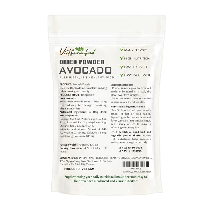 Avocado Powder 2.47 Oz (70G) Vietfarmfood: Freeze-Dried Extracted From 100% Pure, Sugar-Free. Used To Mix Mixed Drinks Fresh Fru