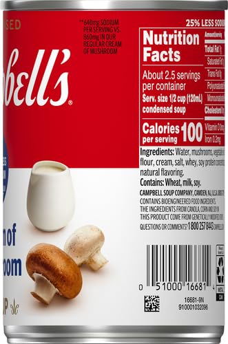 Campbells Condensed 25% Less Sodium Cream of Mushroom Soup, 10.5 oz Can (Pack of 4)