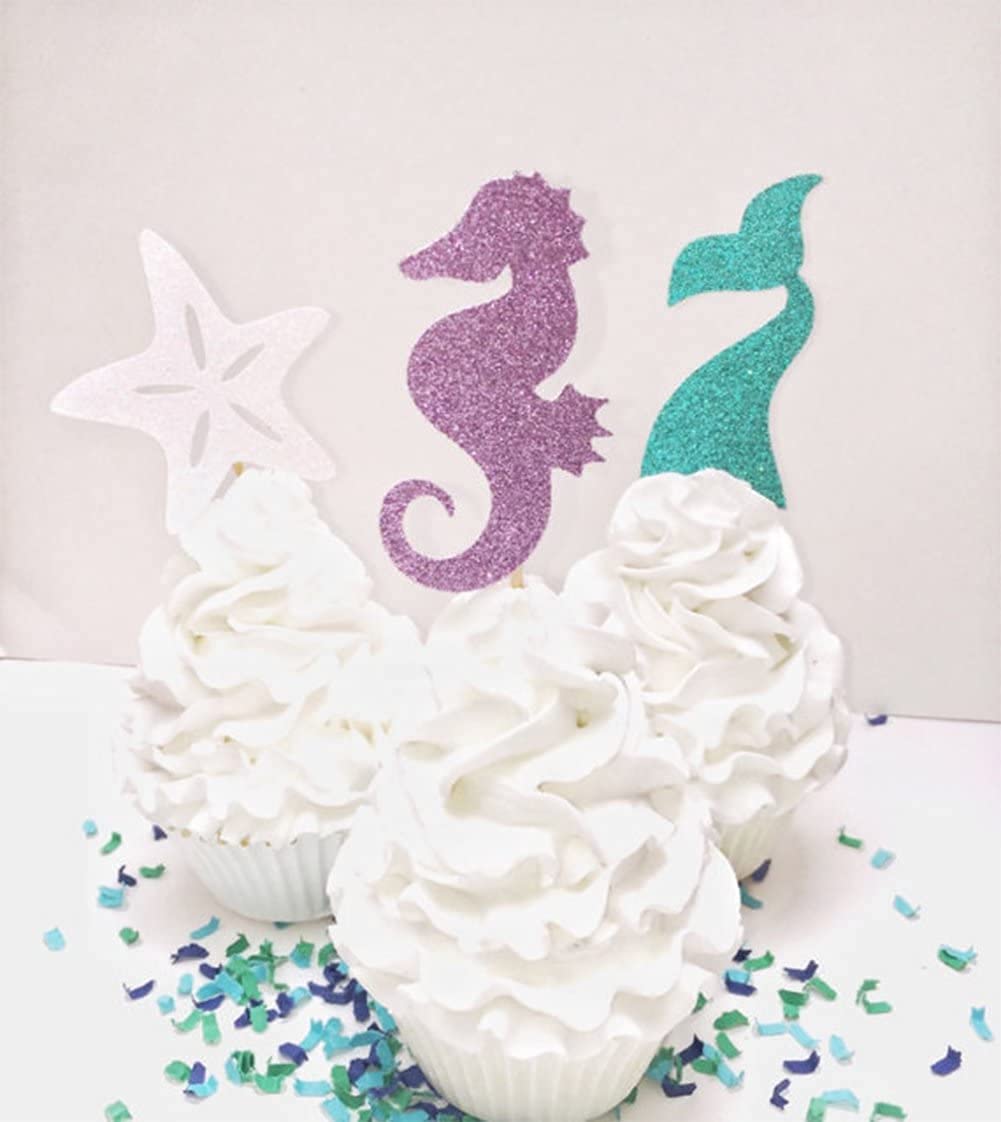 24 Pieces Mermaid Theme Glitter Cupcake Topper Cake Picks Decoration For Baby Shower Birthday Party Favors, Mermaid Tail, Seahor