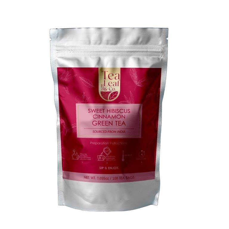 Tea Leaf & Co. Organic Sweet Hibiscus Cinnamon Green Tea Bags - Low Caffeine - 100 Teabags (7.055oz/200gm)
