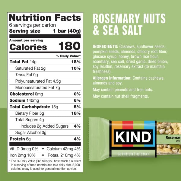 KIND Savory Nut Bars, Rosemary & Sea Salt, Gluten Free, 6g Protein, 6 Count, 1.4 oz, Green/Brown