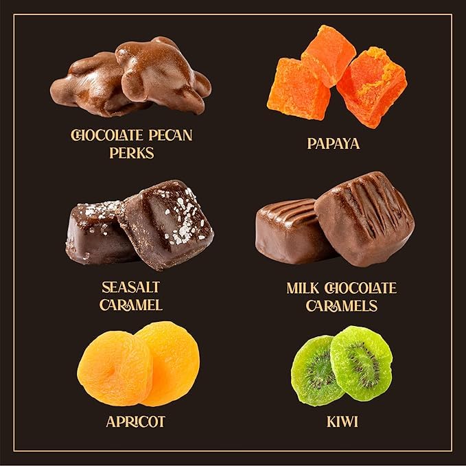Christmas Premium Fruit & Chocolate Gift Box - Assortment With Chocolate Pecans, Dried Apricots, Kiwi Slices, Papaya, Sea Salt C