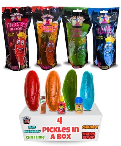 Chamoy Pickle Jumbo Dill Pickles In A Pouch Sampler Gift Box (Pack Of 4) W/Chamoy, Super Hot & Spicy Chili Lime, Blue Raspberry, Tigers Blood-Box For College Care Packages Tiktok Trend Items Snack