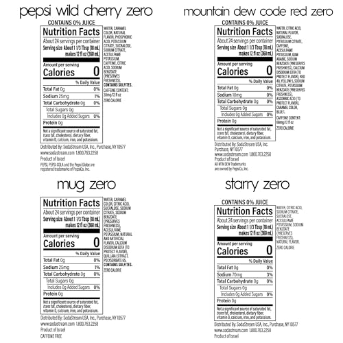 SodaStream Pepsi Wild Cherry  MTN Dew Code Red  Starry & Mug Root Variety Pack  Zero Sugar  440ml Pack of 4