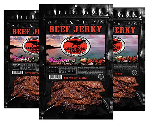 Carnivore Candy Beef Jerky Three Pack - Sweet and Spicy Flavor, 3oz Bags (Pack of 3)
