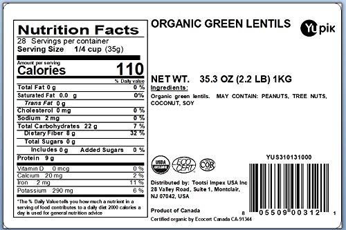 Yupik Organic Green Lentils, 2.2 Lb, Pack Of 6, Non-Gmo, Vegan, Gluten-Free, Kosher, Raw, Source Of Fiber, Iron & Protein, Fiber
